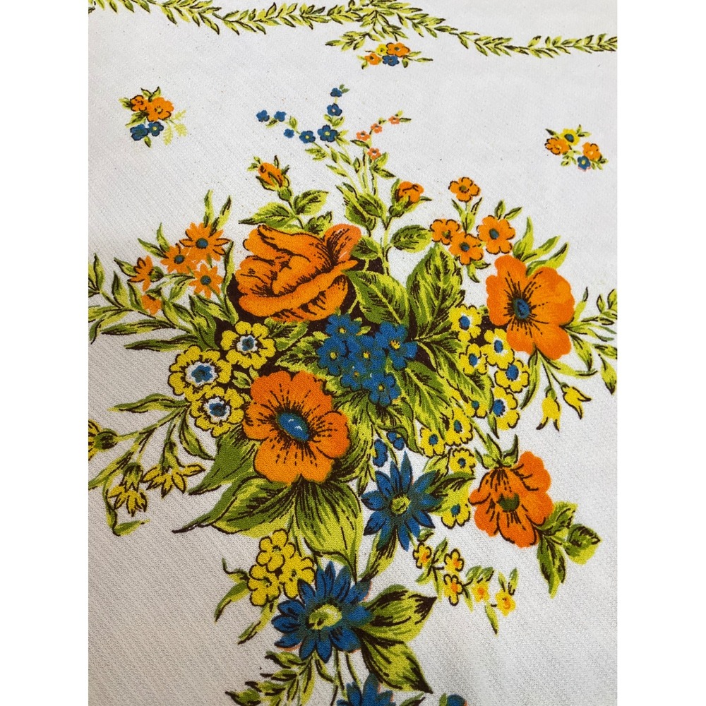 Vintage Square Floral Tablecloth Mid Century Modern White Orange Cottagecore - Picture 2 of 5